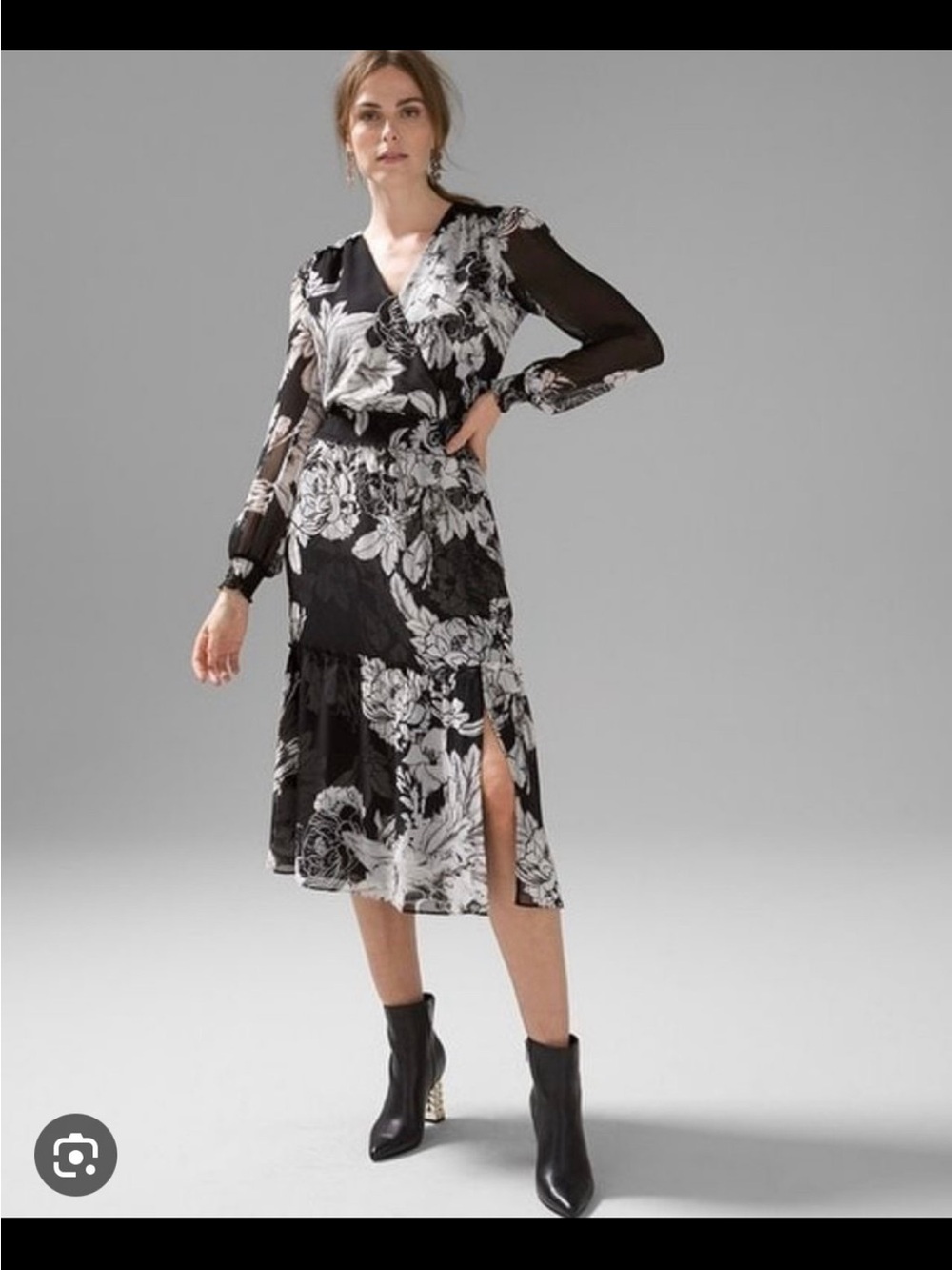 White House Black Market Black & White Floral Wrap Midi Dress